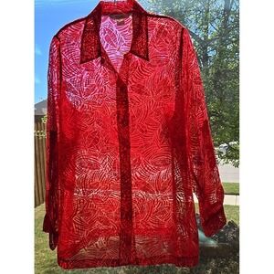 TanJay Semi Sheer Button Top Sz L Red Textured Overlay Whimsigoth Festive